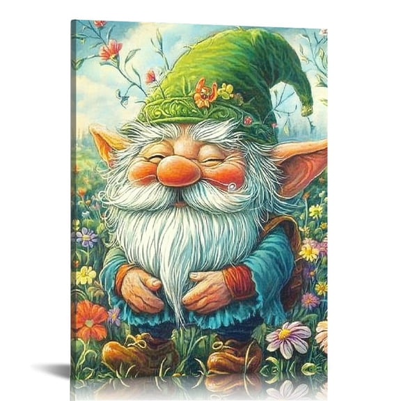 Patifu Gnome Green Hat Flowers Canvas Print Wall Decor 16x20 12x16 in