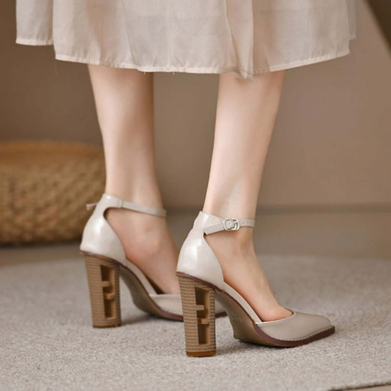 Womens Chunky High Heel Pointed Toe Pumps Casual Ankle Strap Closed Toe  Block Shoes