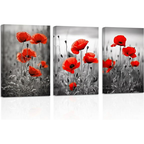 ZHONGYUTONG Red Poppies Canvas Wall Art 3 Piece Black White & Gray Poppy Flowers Picture Prints Elegant Rustic Artwork Bathroom Home Decor (11.00" x 14.00" x 3PCS)
