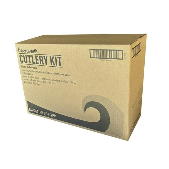 Boardwalk BWK4COMBOKITPP 4-Piece Mediumweight Polypropylene Plastic Fork/Knife/Napkin/Spoon Cutlery Kit - White (250/Carton)