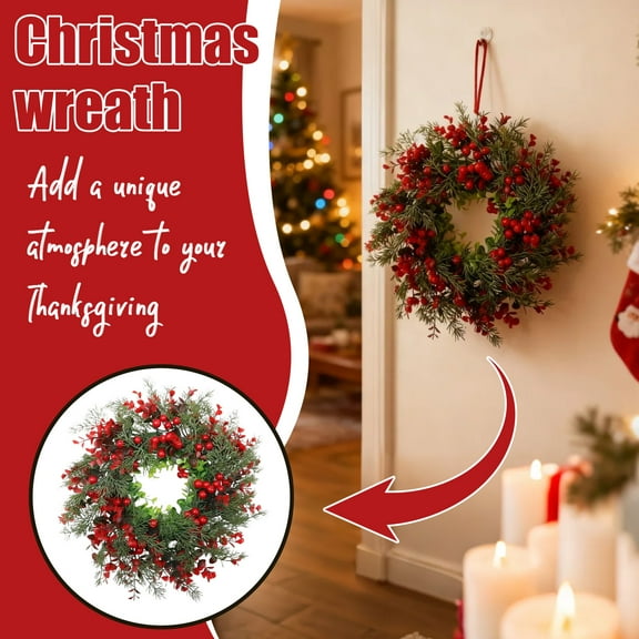 KUNPENG Traditional Holiday Wreath 13.78" Christmas Wreath for Front Door Outdoor Indoor Xmas Decorations for Home