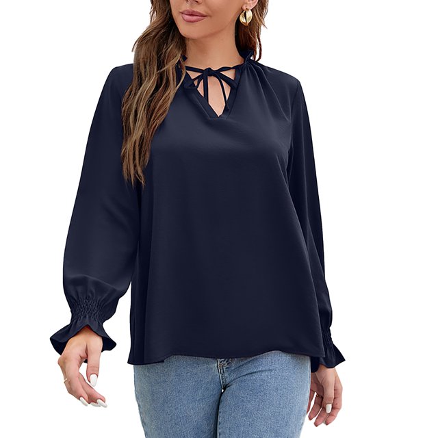 Blusa con escote en V, manga larga, puños con volantes, lazo, cordón, volante, cuello alto, blusas casuales para mujer, azul real S