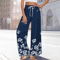 thumbnail image 2 of WTOBBY Women's Printed Wide Leg Pants with Floral High Waist Drawstring Loose Casual Trousers and Functional Pockets for Everyday Fashion ,Navy S, 2 of 6