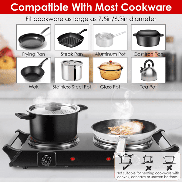 Olurrisa Dual Electric Hot Plate - 5-Second Quick Heating with 6.3&7.5in Glass Plates, Thermostat Control & Auto Shut-Off, 338-1022℉ Adjustable Temp for Camping/College/Small Kitchen