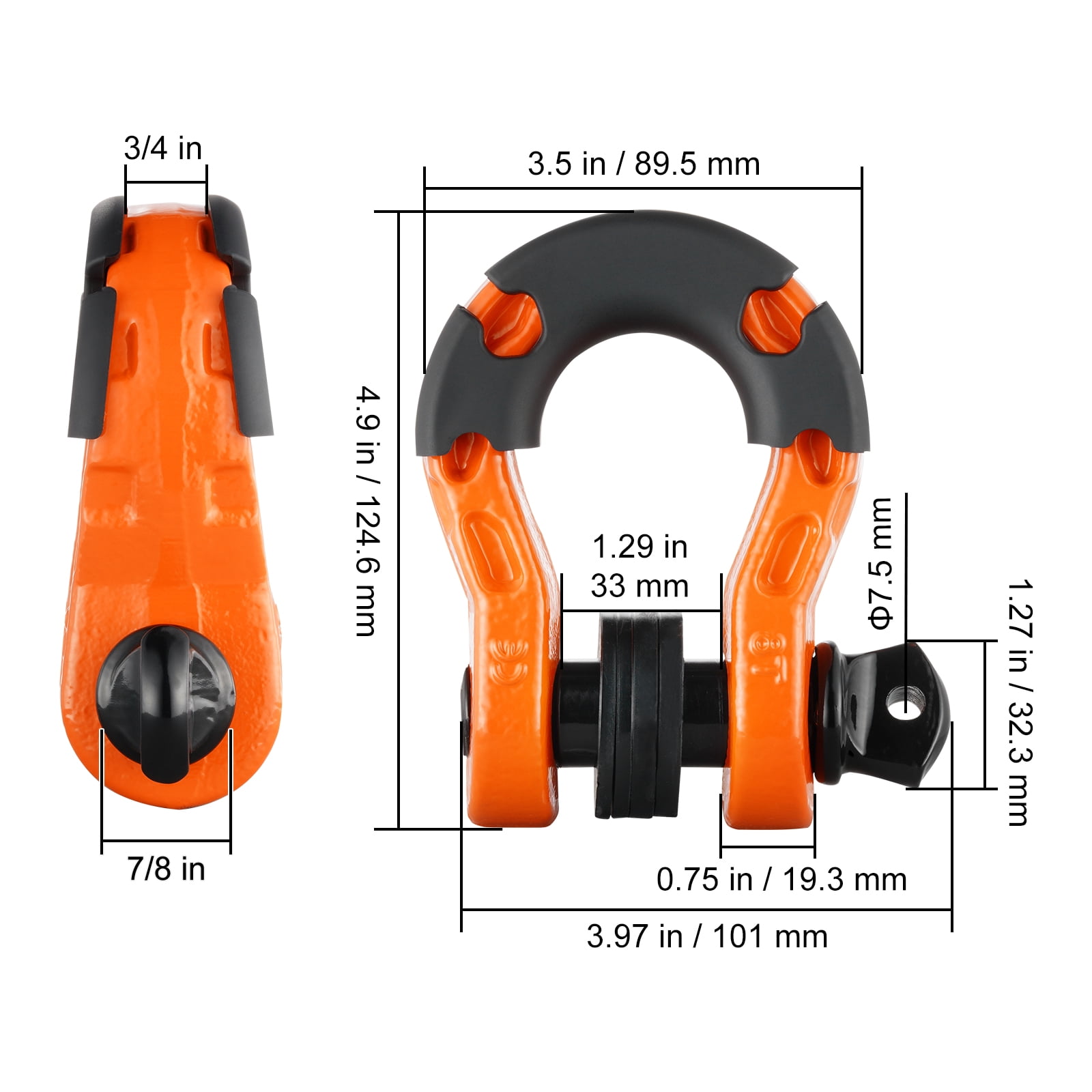 VEVOR 3/4" D-Ring Shackle, 2 Pack Alloy Steel Shackles 66139 lbs (30 Ton) Break Strength with 7/8" Screw Pin, Isolators & Washers, Heavy Duty Off Road Vehicle Recovery Shackle for Jeep Truck, Orange