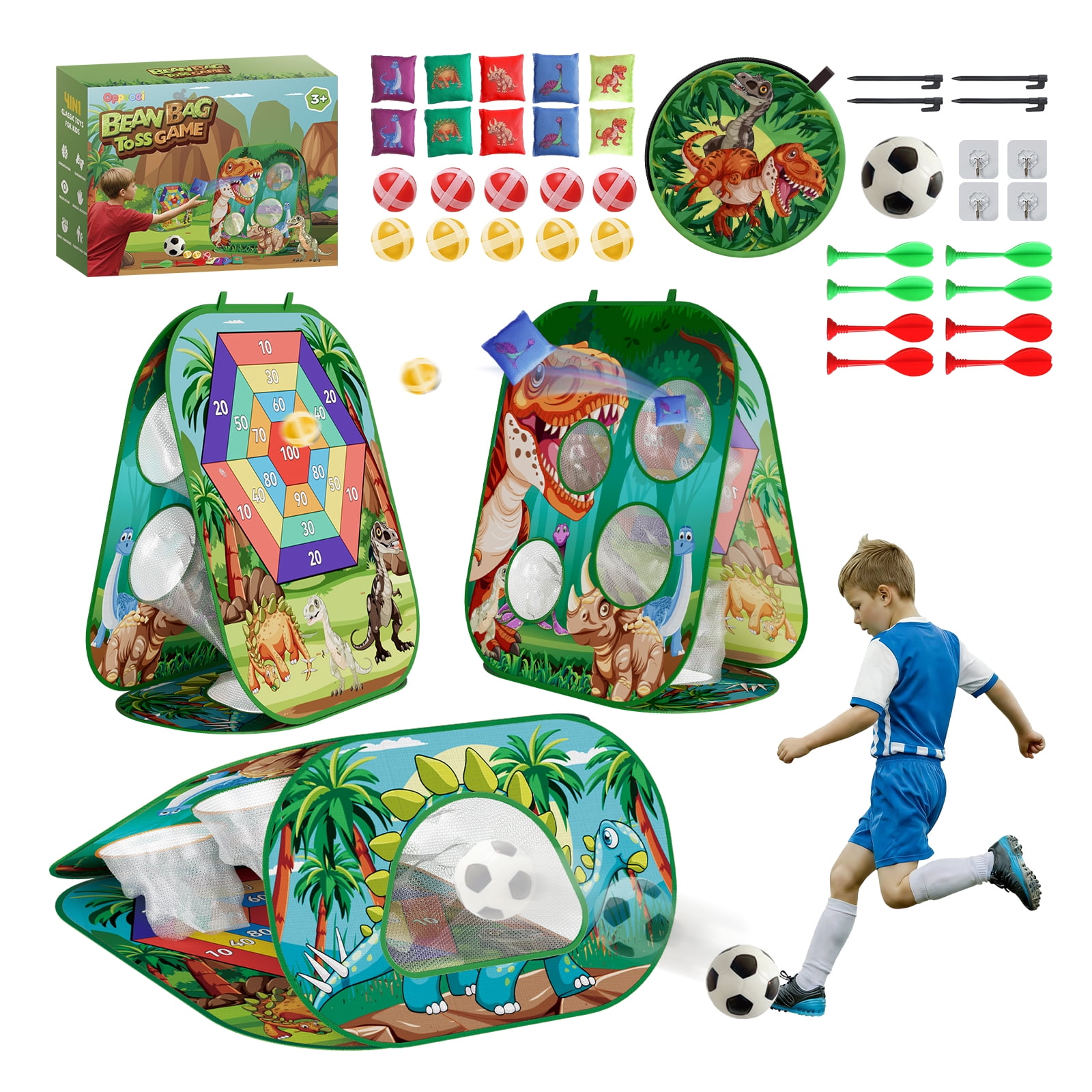 KNMDU 4-in-1 Cornhole Board Set with Bean Bag Toss, Soccer Goal, Safe Darts and Throwing Ball for Kids Ages 3-8