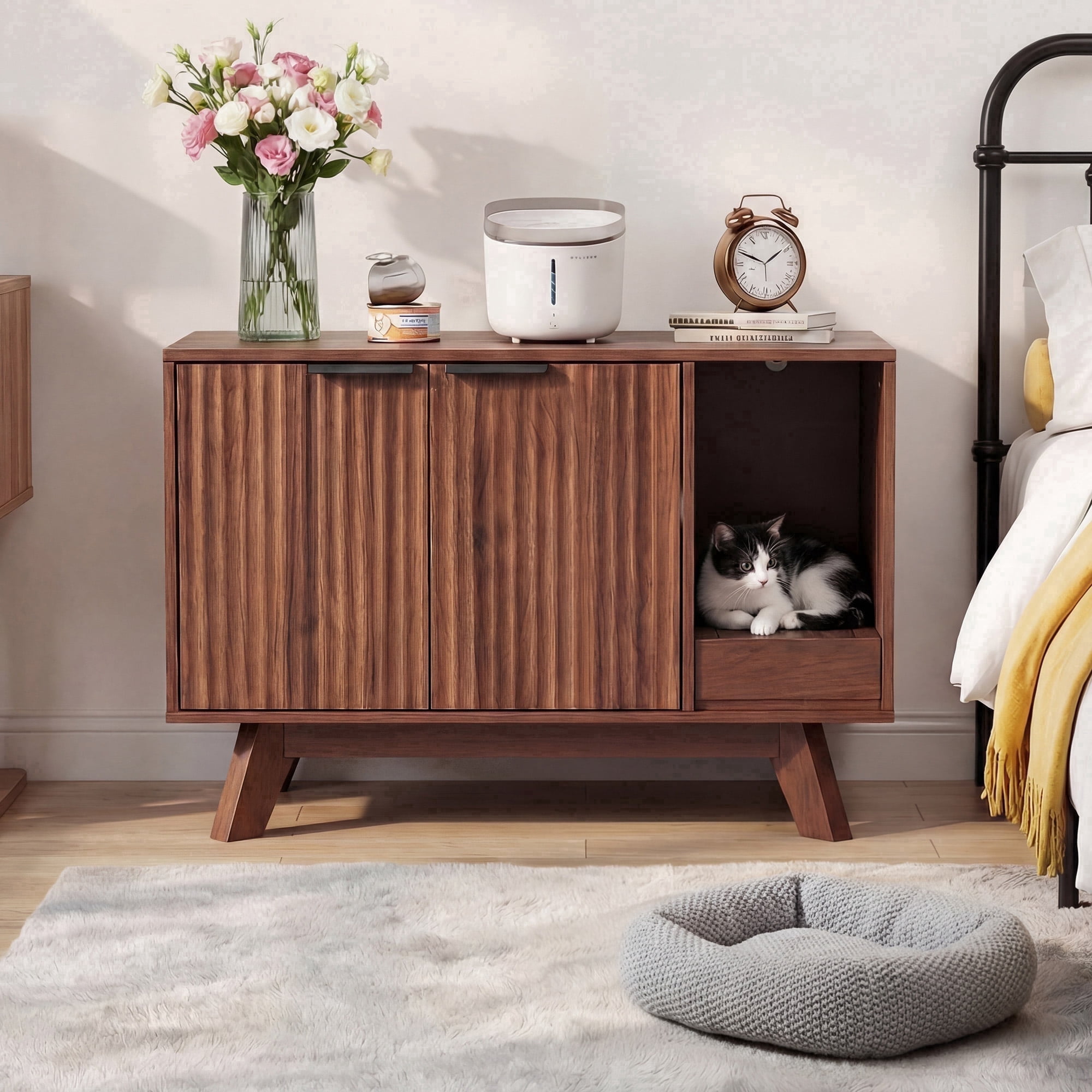 Innovar Modern Cat Litter Box Enclosure - 31.5" Hidden Cat Litter Box Furniture for 2 Cats, Indoors Cats Washroom Cabinet with Divider & Scratching Pad for Most Cat Litter Box,Walnut
