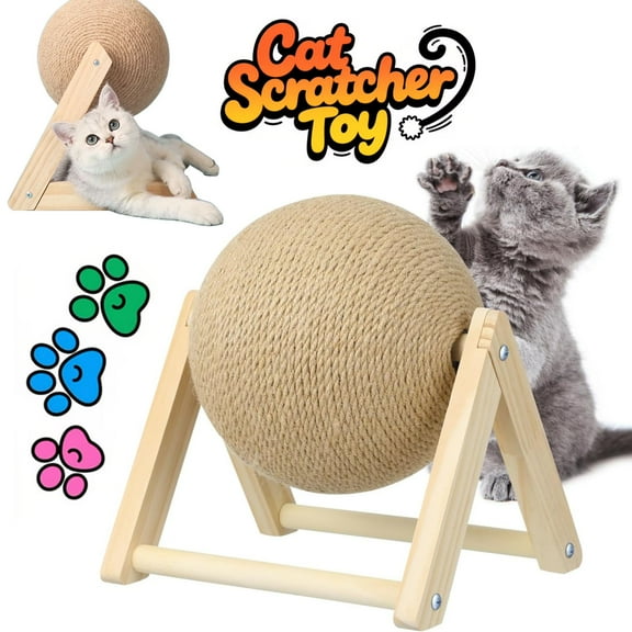 Haokaini Cat Scratcher Toy, Cat Scratching Ball Toy, Natural Sisal Scratcher Ball with Stable Stand, Spinning Cat Ball Toy, Solid Wood Scratching Toy for Cats & Kittens, Indoor Interactive Pet Toy