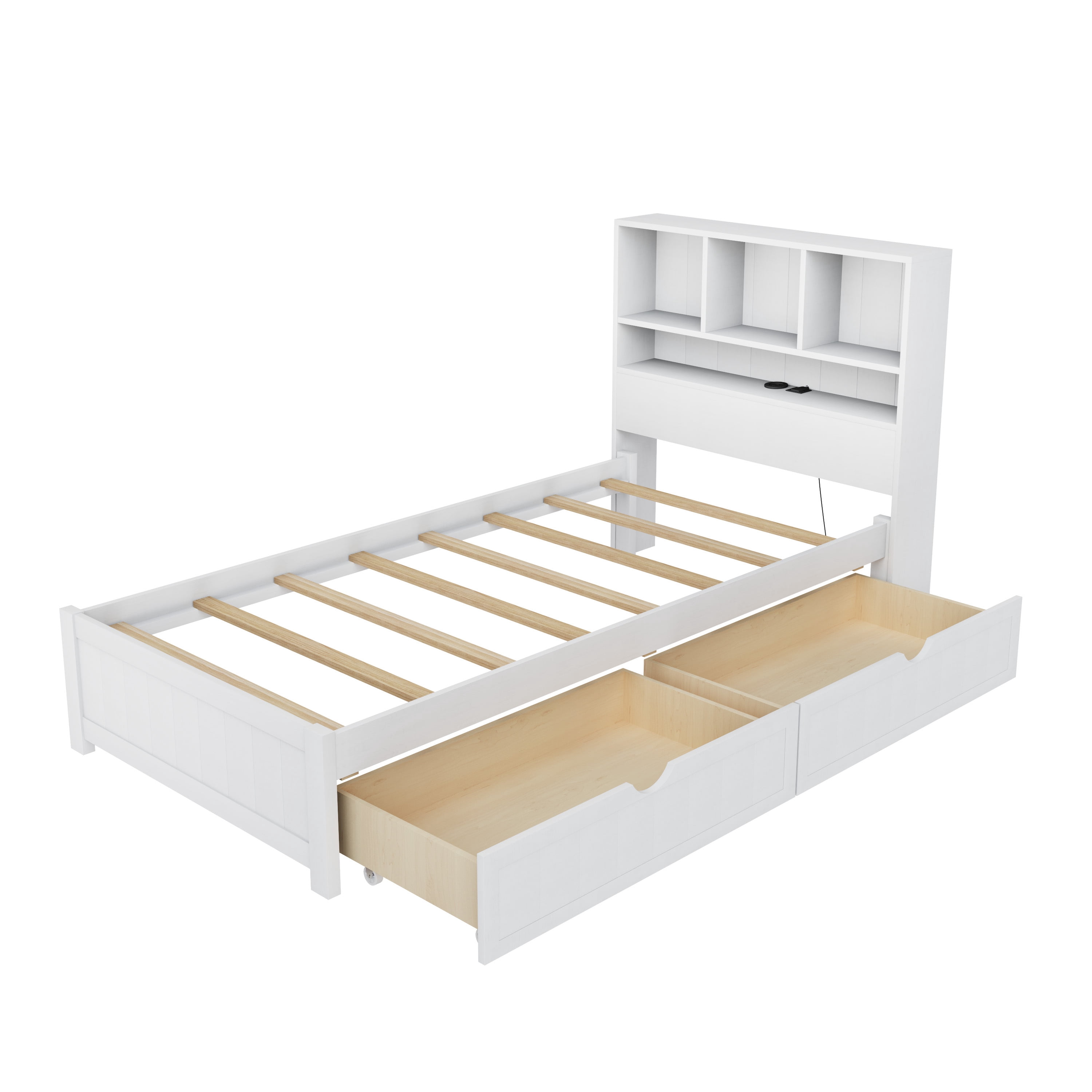 Euroco Wood Twin Size Platform Bed with Storage Headboard and Drawers, LED Light and USB Charging, White