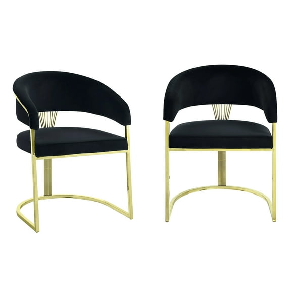 Verie 22 Inch Side Dining Chair Set of 2 Gold Base Padded Black Velvet