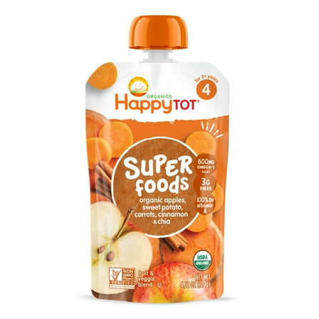 Happy Tot Organics Super Foods Stage 4, Apples Sweet Potatoes Carrots Cinnamon & Chia, Organic Tot Food, 4.22 oz Pouch