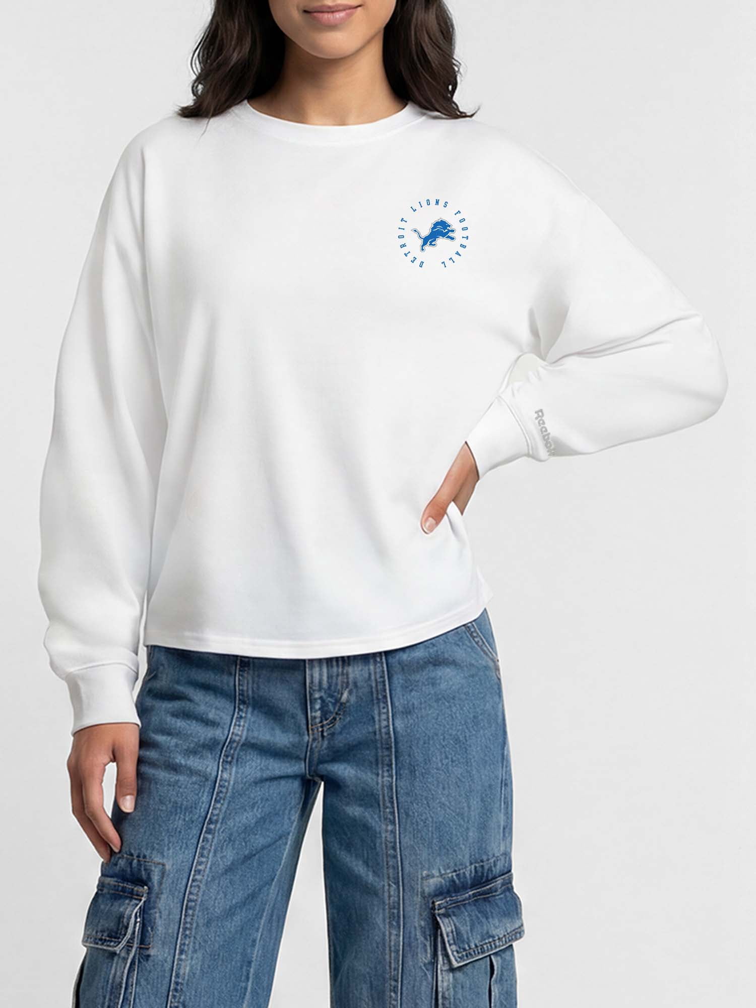 Detroit Lions Reebok Womens White Heavyweight Cotton Long Sleeve Pullover