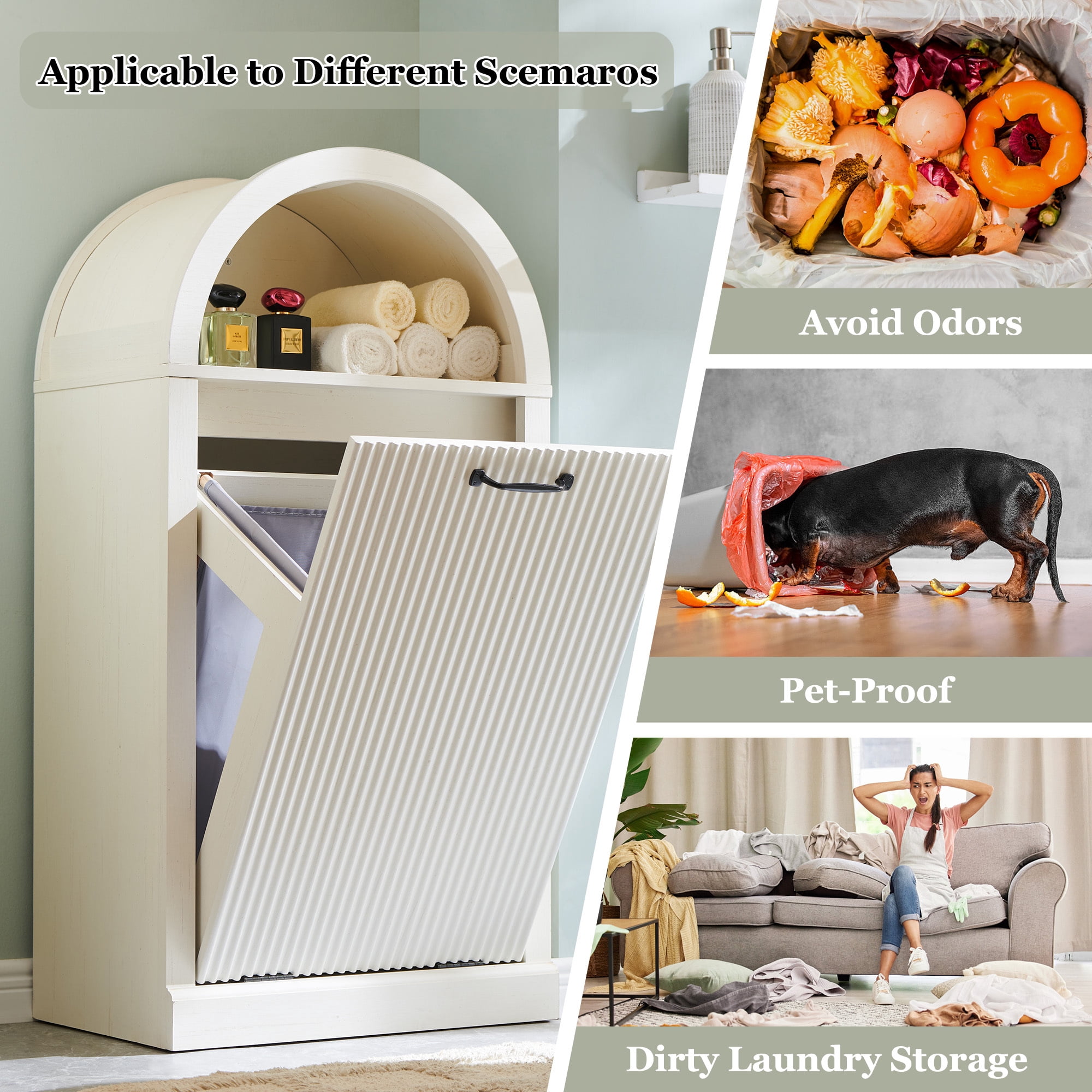 SinCiDo Arched Laundry Hamper Cabinet, 10 Gallon Fluted Hidden Garbage Can Cabinets with Laundry Basket, Free Standing for Bathroom & Kitchen, White