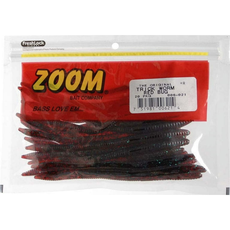 Zoom Trick Worm Freshwater Bass Fishing Soft Bait, Red Bug, 6 1/2