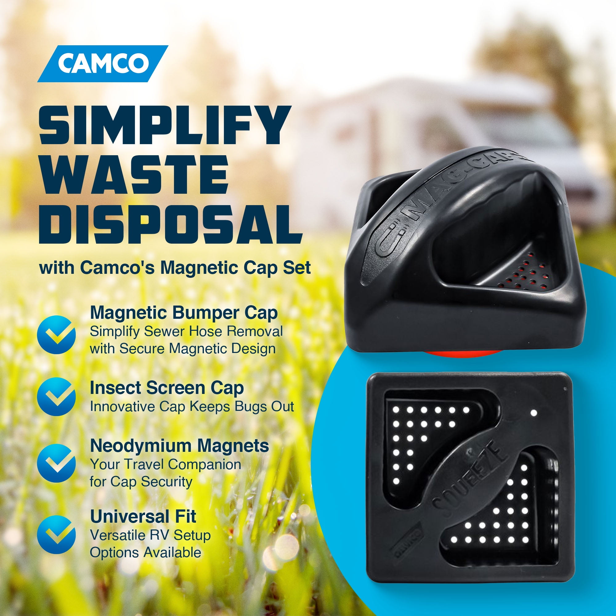 Camco 40310 Plastic Magnetic Vented RV Bumper Cap Set with Insect Screen