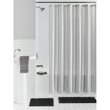 Mainstays Black Stripe 15 Piece Shower Curtain Bath Set, 70 x 72, Black/White