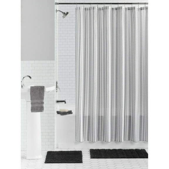 Mainstays 15-Piece Black & White Stripe Bathroom Set – Shower Curtain, Bath Rugs & Hooks, Modern Washable Polyester