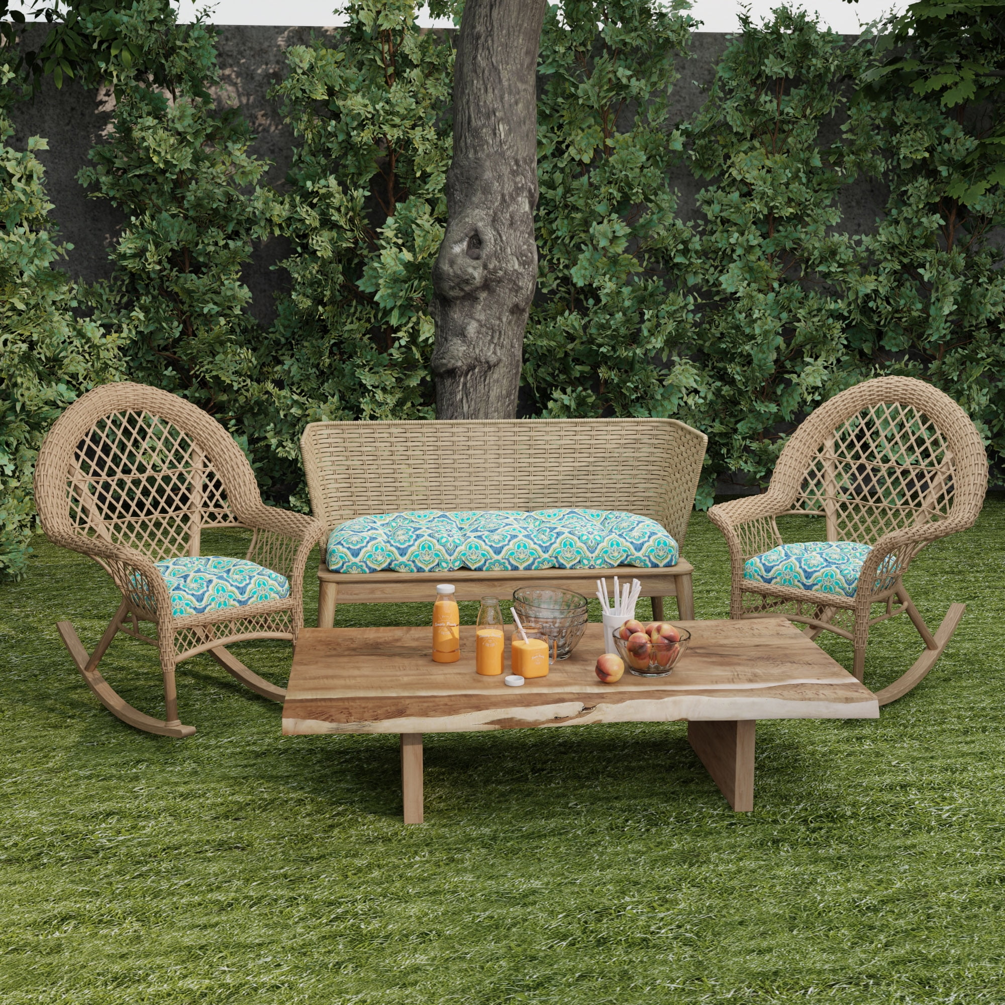 Jordan Manufacturing 44" x 18" Adonis Capri Teal Geometric Rectangular Tufted Contoured Outdoor Wicker Settee Bench Cushion
