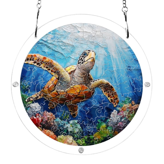 Turtle Swimming under Sea Acrylic Jigsaw Puzzles 83 Pieces Suncatcher for Window Hanging 7.5 Inch Holiday Home Decor