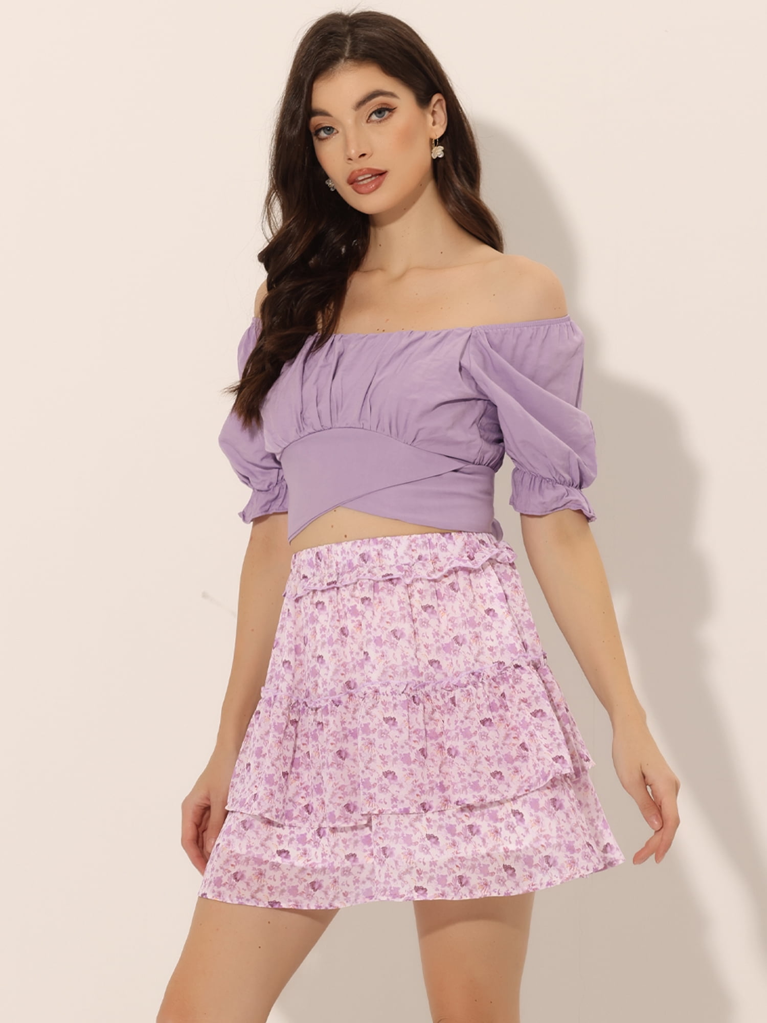 DARING DIVA Women's Elastic Waist A-Line Layered Ruffle Floral Mini Skirt XS Purple
