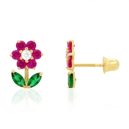 14k Zircon Earrings - Ruby Zircon & Emerald Gemstone Flower Stud Screwback Earrings 14k Yellow Gold
