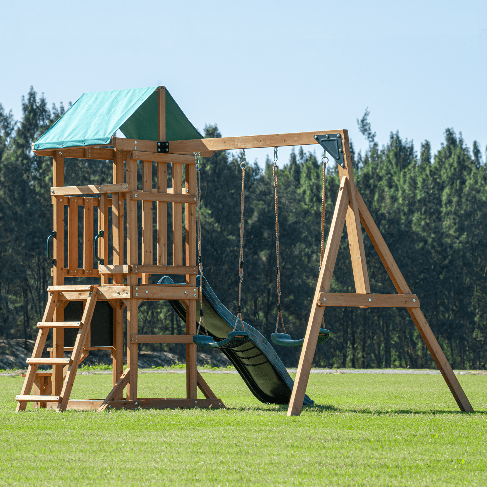 DOLPHIN PLAYGROUND Wooden Outdoor Playset with Dual Swings, Slide, and Playhouse - Rounded Edges