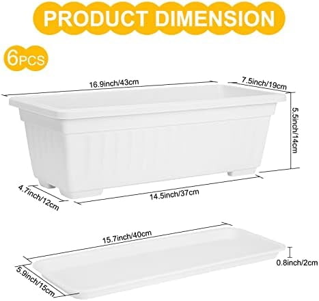 6 Packs Window Box Planter, 17 Inches Flower Window Box Rectangular Plastic Vegetable Planters with Trays for Windowsill, Patio, Garden, Balcony, Porch White