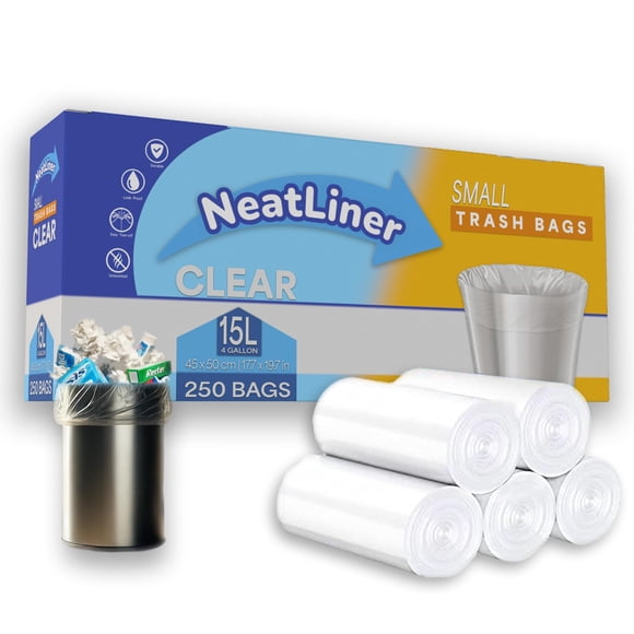 NeatLiner 250 Count 15L Clear Small Garbage Bags â?? 4 Gallon Trash Bags for Bathroom, Office, Bedroom, Pet Waste â?? Durable, Unscented, Leak-Resistant Liners