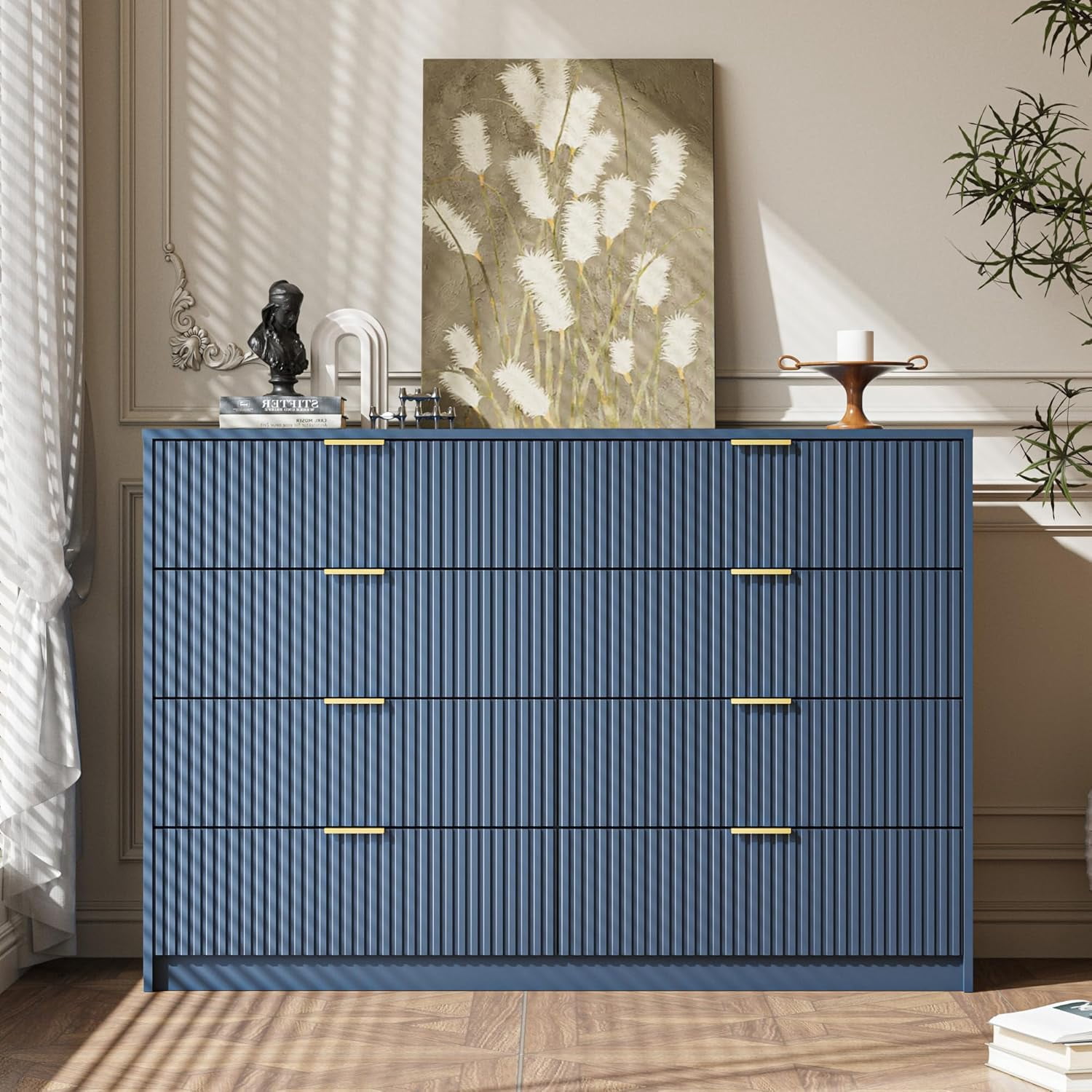 FURNIWAY Blue 8 Drawer Dresser, Fluted Wood Clothes Storage Organizer Cabinet for Bedroom, Modern Chest with Gold Metal Handles, Wide Dresser for Bedroom,Living Room,Hallway
