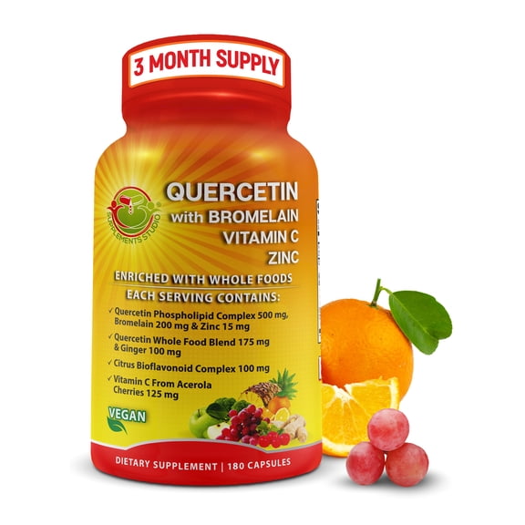 Quercetin with Bromelain – Quercetin Phospholipid Complex 500 mg High Absorption Supplement – Immune Support with Vitamin C, Zinc, Ginger & Citrus Bioflavonoids – Organic Whole Food Blend – 180 Count