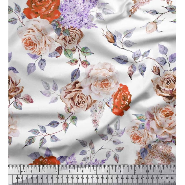 Soimoi Orange Poly Georgette Fabric Leaves & Rose Flower Decor Fabric Printed BTY 52 Inch Wide