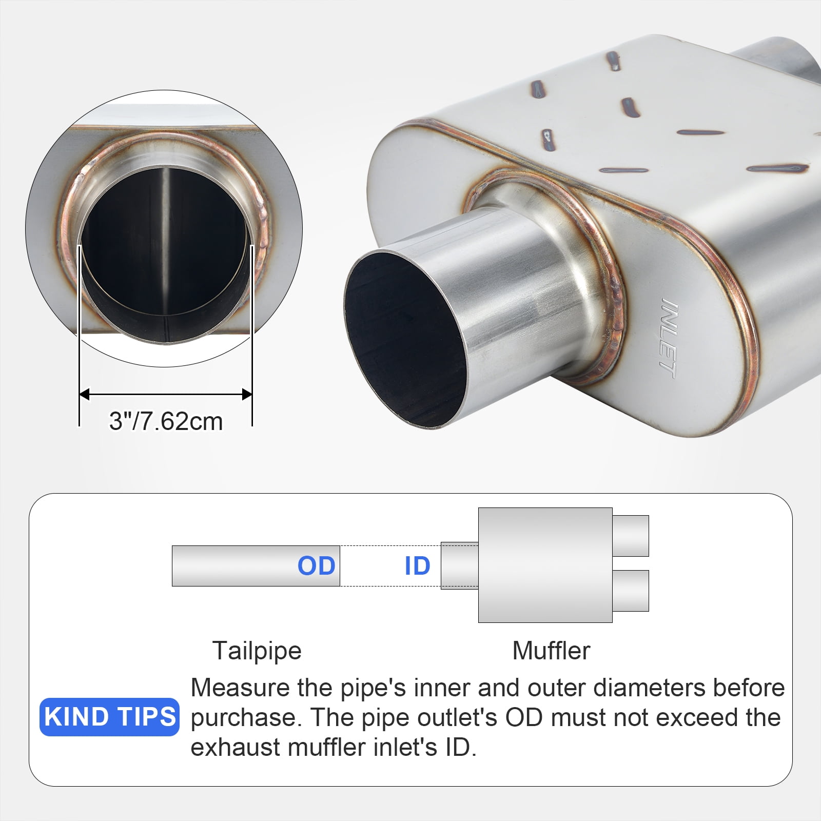 Universal Exhaust Muffler, Single Chamber Performance Muffler for Cars Trucks, Stainless Steel, 3" Center Inlet 2.25" Dual Outlet, Overall Length 13"