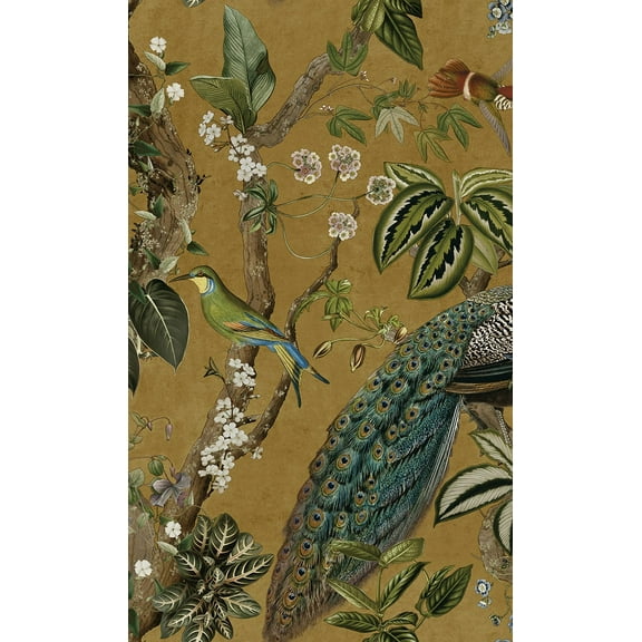 Ochre Climbing Peacock & Climbing Florals Tropical Wallpaper
