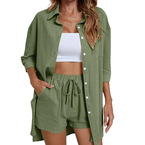 Ketyyh-chn99 Sets for Women 2 Piece Running Shorts Women Ladies Summer Casual Loose Short Sleeve Solid Wide Leg Lounge Workout Sets Green,XL