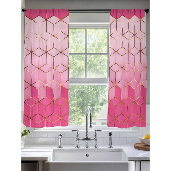 Pink Geometric Sheer Curtains for Living Room Bedroom Gradient Black Gold Mottled Comb Grid Sheer Curtains 72 Inch Long 2 Panels Set Light Filtering Curtain Window Treatments Drapes for Dining Room