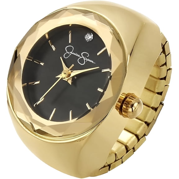 Gold Ring Watch for Women – Adjustable Stretch Band Finger Watch with Crystal Dial, Mini Analog Quartz Watch Ring, Fashion Jewelry Timepiece