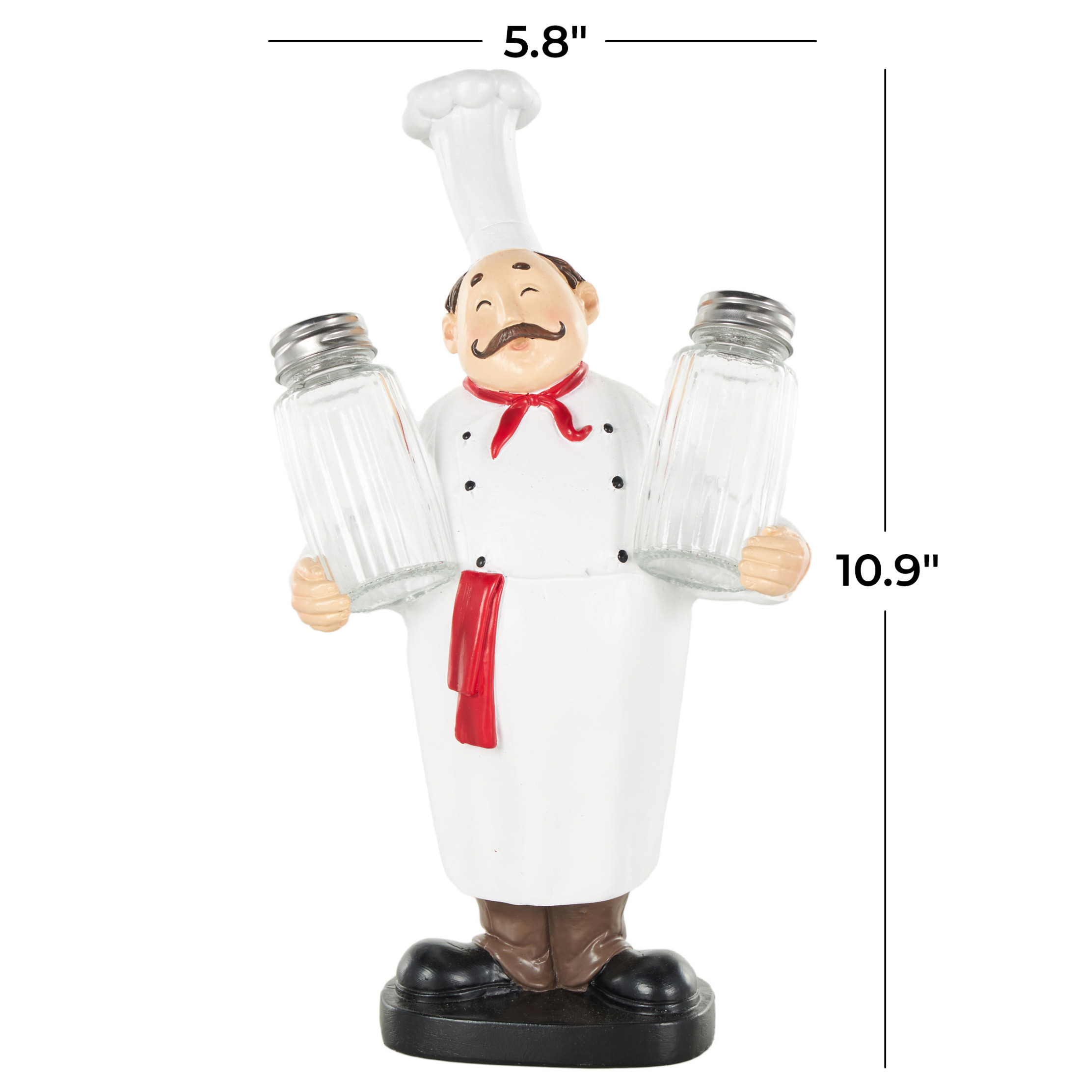 Chef 11.0" Polystone Kitchen Decorative Figurine Salt and Pepper Shaker Holder with Red Accents, by DecMode