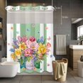 thumbnail image 5 of Pink Yellow Floral No Hooks Shower Curtain with Snap-in Liner Watercolor Spring Pink Yellow Flowers Vase Green Stripes Shower Curtains for Bathroom, Waterproof, Easy Install, Washable 48"x72", 5 of 9