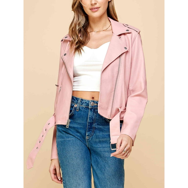Made by Johnny Women's Asymmetrical Faux Lether Belted Moto Jacket L PINK