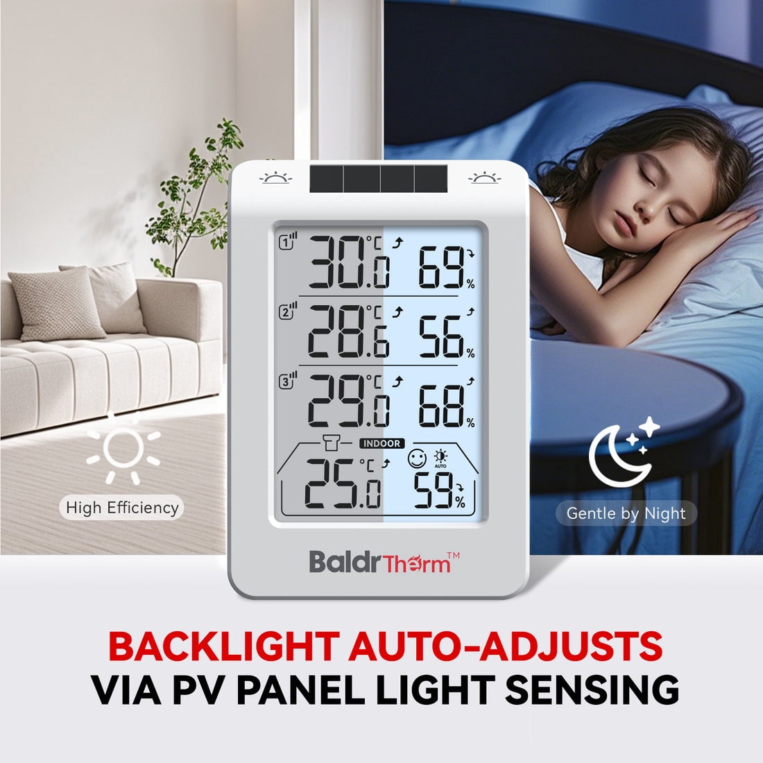 BaldrTherm Three Channel Thermo-Hygrometer, Wireless Temperature & Humidity Monitor, 3 Sensors Included