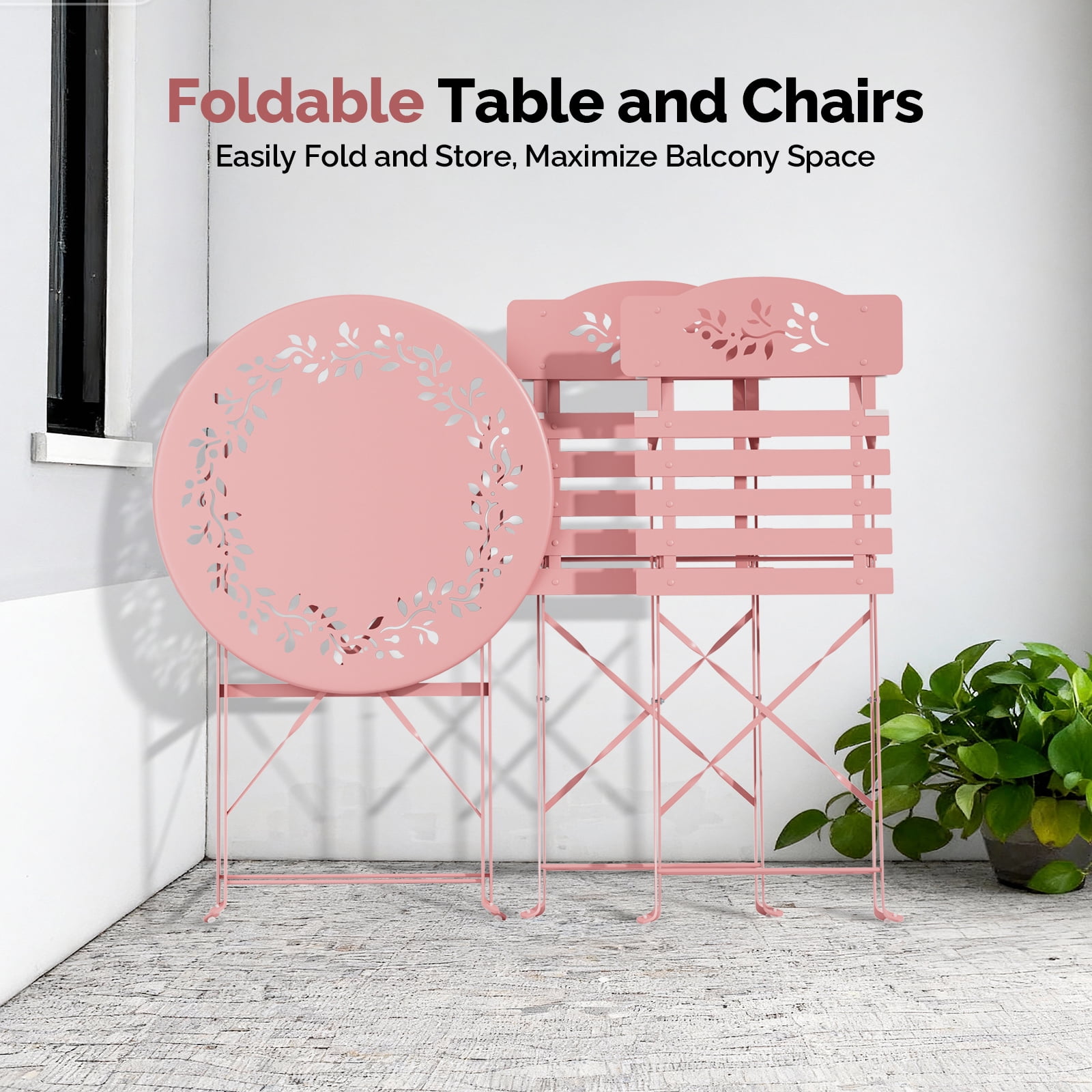 Ktaxon Outdoor 3-Piece Folding Bistro Set with Cushion, Small Metal Patio Seating Furniture Set - Pink