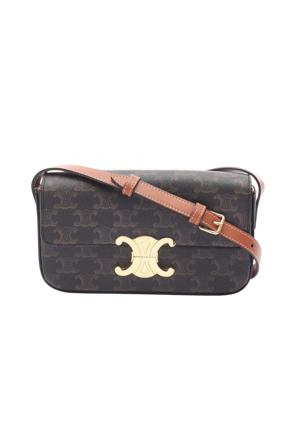 Pre-Owned Celine Claude Triomphe Shoulder Bag, Coated Canvas and Leather, Women's, Brown, 194142