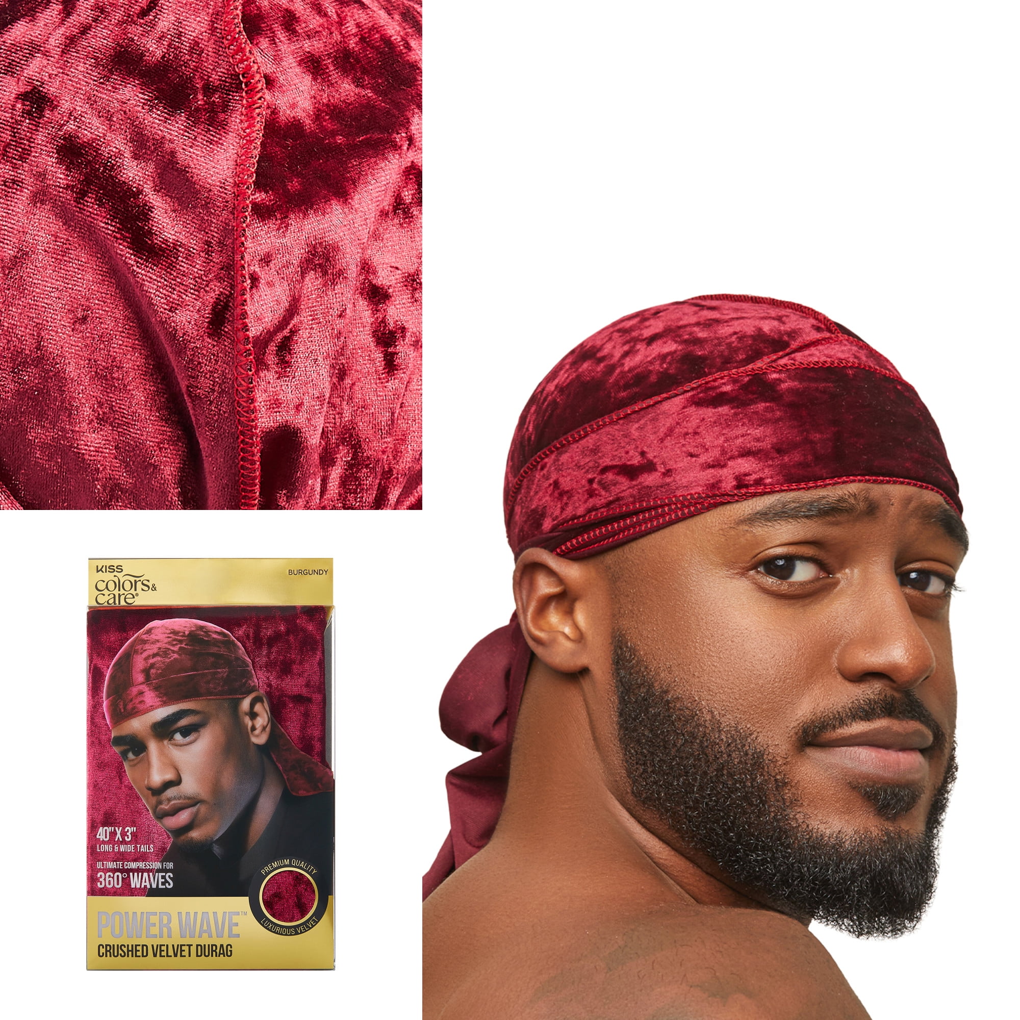 (3 pack) Kiss Colors & Care Power Wave Premium Crushed Velvet Luxe Durag, Burgundy, 1 Ct.