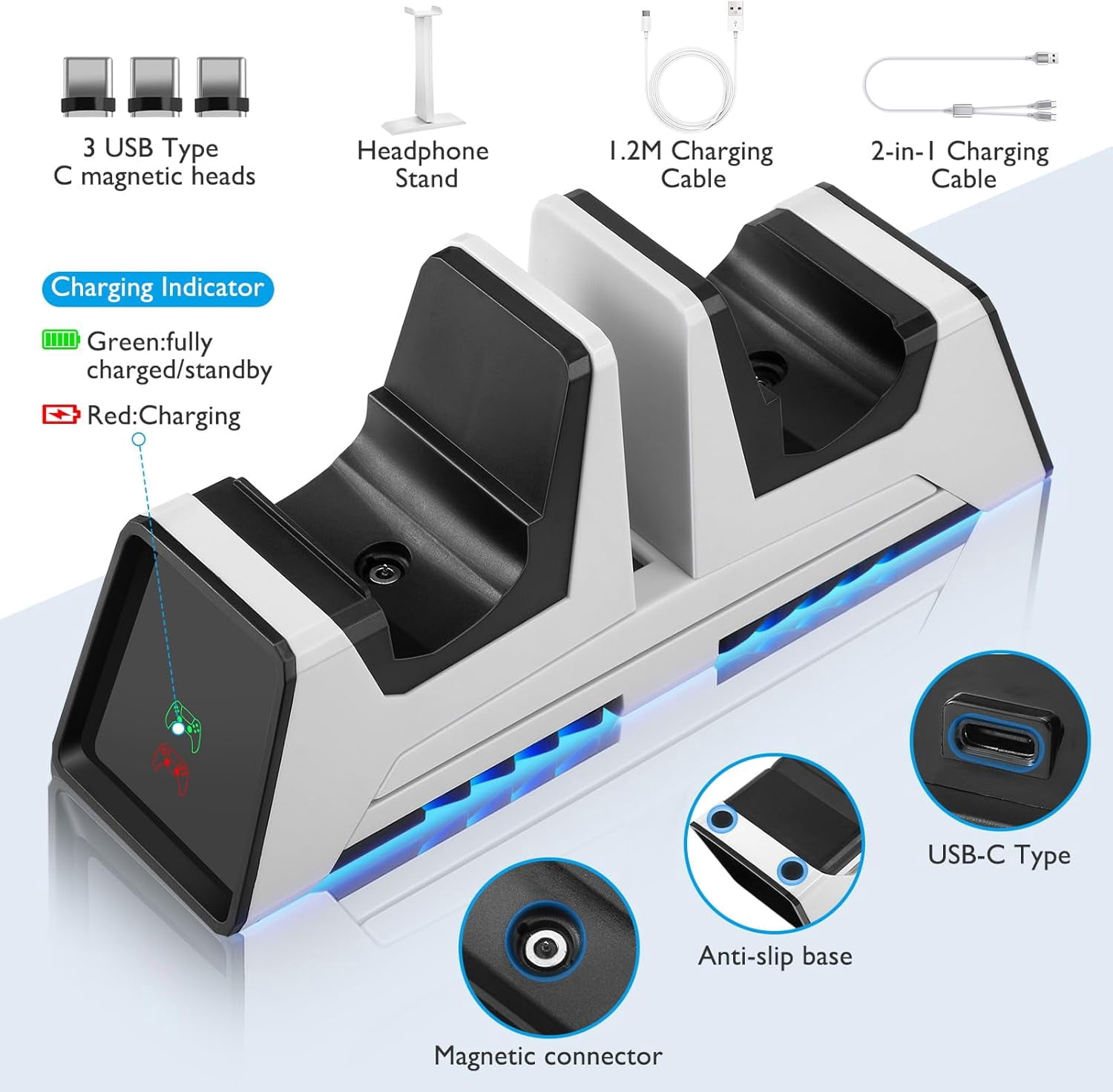 3 in 1 Controller Charging Station for PS VR2 / PS5 / PS5 Edge with 5V/3A Adapter & Led Light, Wireless Controller Charger Dock for Playstation 5, Charging Stand with VR2 Headset Holder