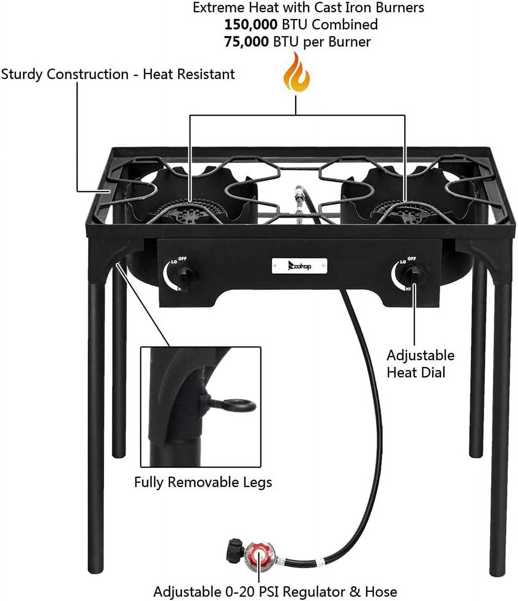QXDRAGON Propane Double Burner Two Burner Camp Stove Outdoor High Pressure Propane 2 Burner Adjustable PSI Regulator and 4ft Leather Hose with Removable Legs
