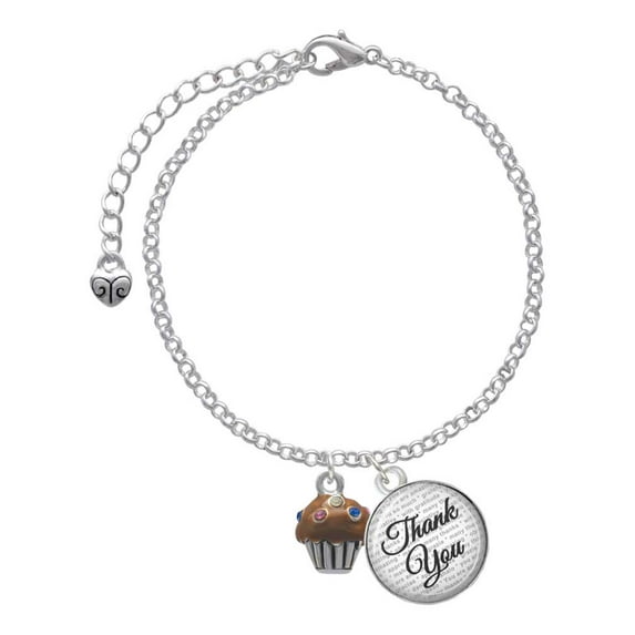 Delight Jewelry Silvertone Small Chocolate Cupcake with Crystal Sprinkles - Domed Thank You Charm Bracelet, 6"+2"