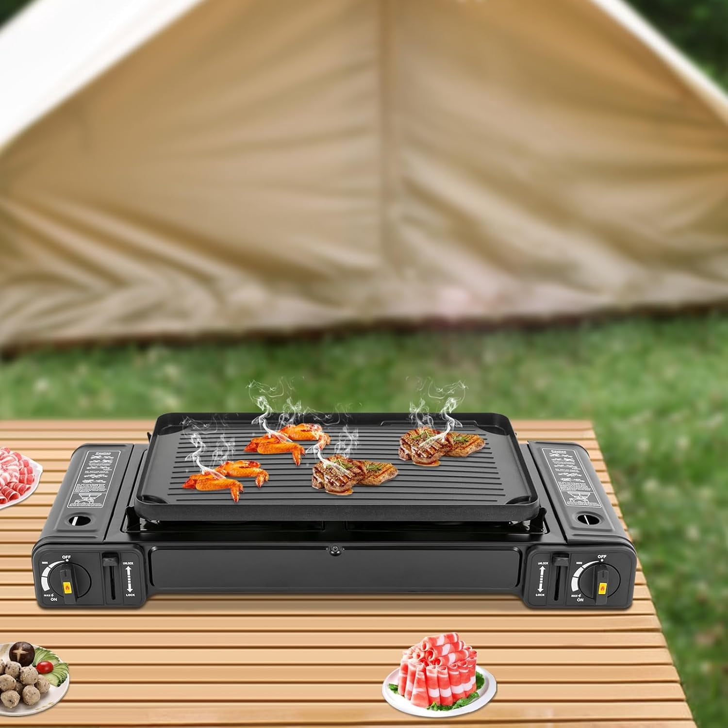 Portable Butane Camping Stove 2 Burners Gas Stove with Grill Tray and Storage Case Double Auto Ignition Cooktop Camping Burner for Home, Camping, Outdoor, Rv