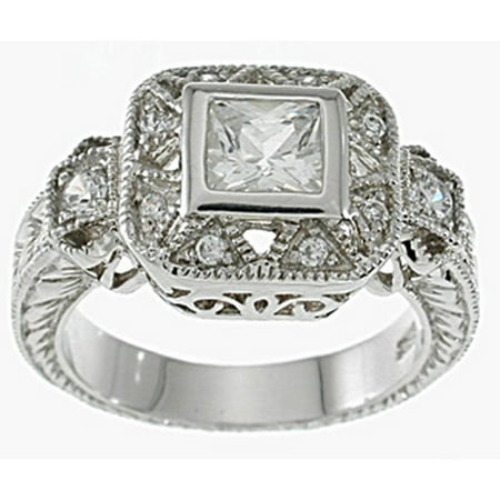 - 925 Sterling Silver Platinum Finish Princess Antique Style Pave Ring