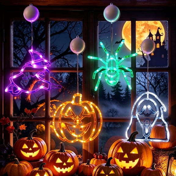 HiberyHom Halloween Lights, 4 Pack Witch Pumpkin Spider Grimace Halloween Decor Lights, Battery Operated Window Lights with Timer