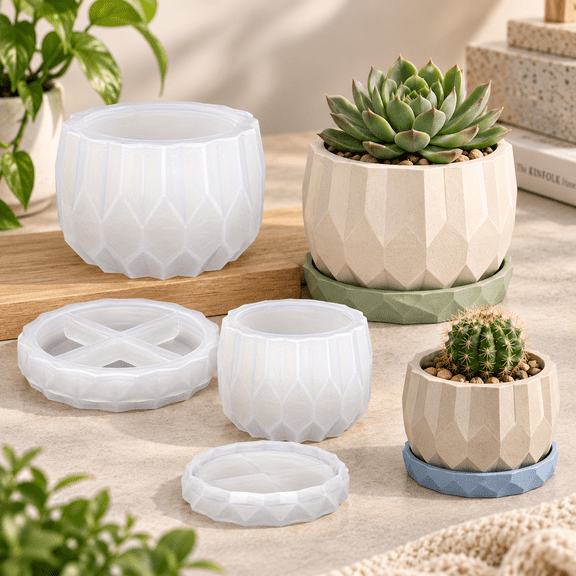 Silicone Planter Molds Set of 2, DIY Diamond Shaped Resin Molds, Vase Silicone Molds for Flower Pot and Saucer, Perfect for Home Garden Decoration
